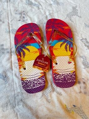 Juncture Women's Colorful Tropical Flip Flops - Red/Yellow/Purple